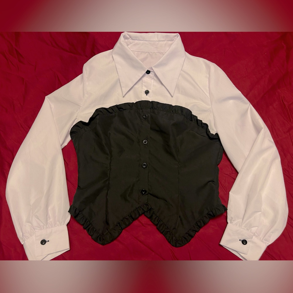 Black And White Button Up With Ruffles, Office Top With Collar Size Small